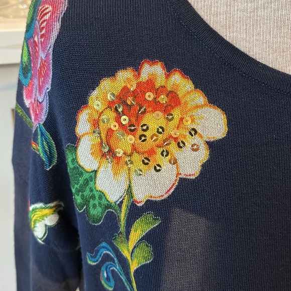 NWOT Desigual oversize long sleeve navy fringed sweater with sequinned flowers - Picture 4 of 11